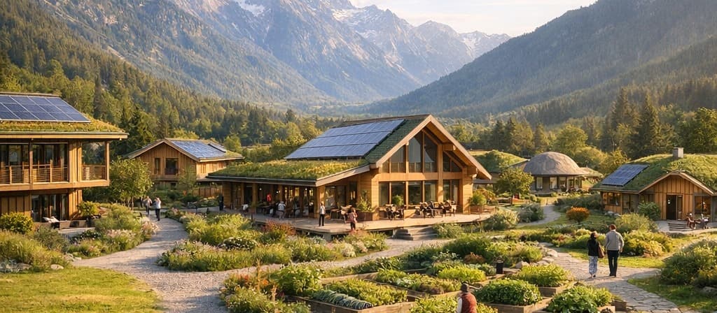 Illustrative community with shared spaces and solar energy