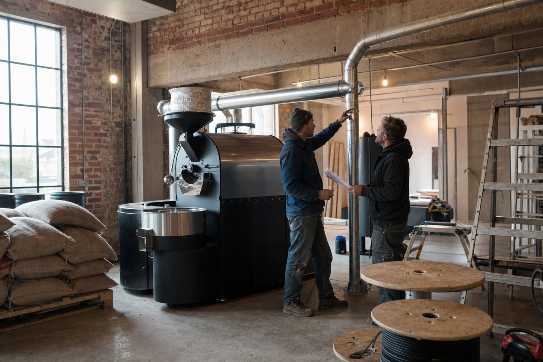Operator working inside an active neighbourhood roastery project
